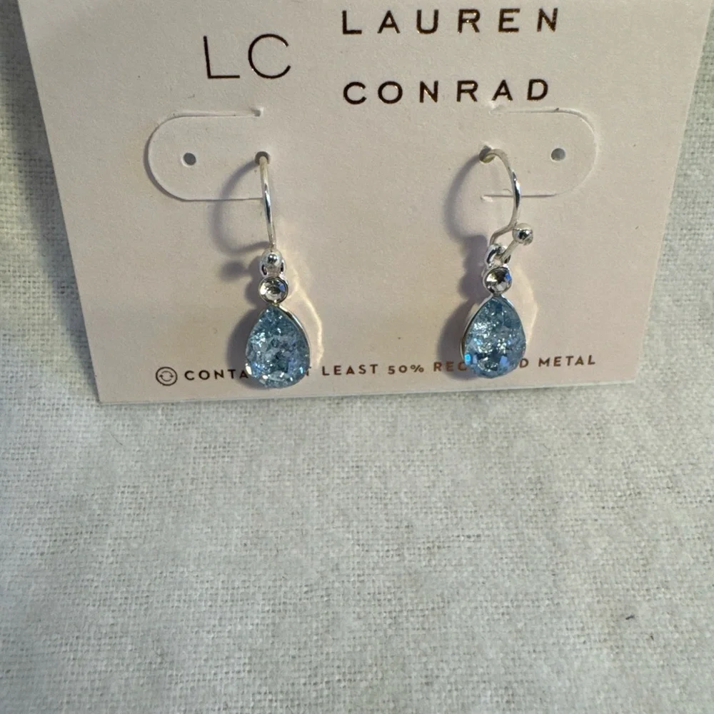 LC LAUREN‎ CONRAD SilverTone Drop Earrings  - Faux Blue Topaz Stones Dangles NEW